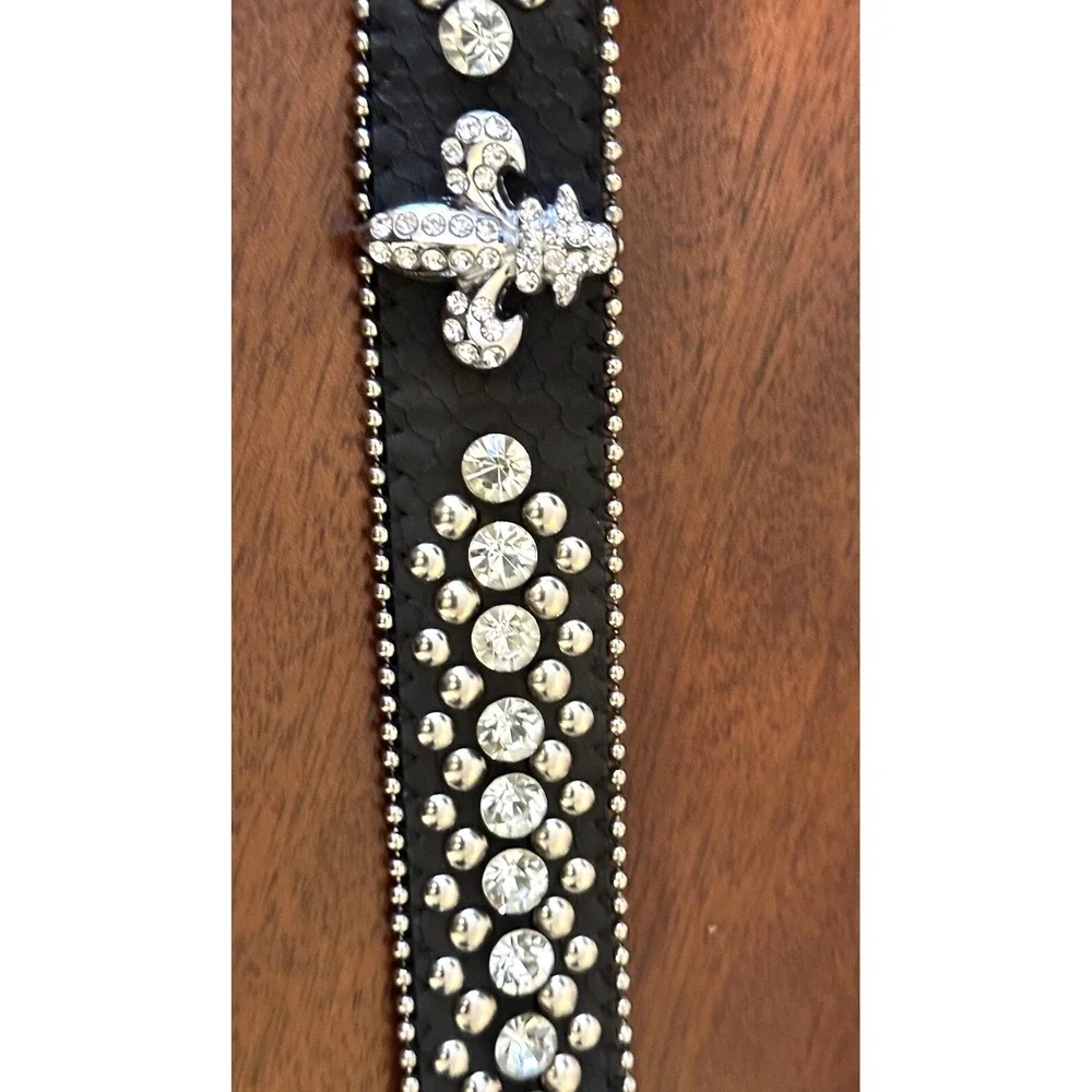 Women's Black Rhinestone Leather Belt size S/M Western Style Black Belt Bling